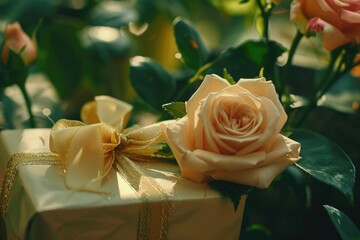 Poster - A white gift box with a gold ribbon and a beautiful rose. Perfect for special occasions and celebrations
