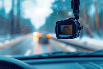 Poster - A car's rear view mirror with a camera attached to it. This picture can be used to showcase the integration of technology in modern vehicles