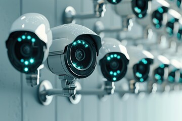 Poster - A collection of surveillance cameras mounted on a wall. This image can be used to depict security, monitoring, or surveillance systems
