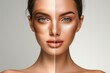 © Fotograf - A visual representation of a woman's face before and after makeup application. This image can be used to showcase the power of makeup and its transformative effects
