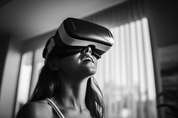 Poster - A woman is pictured wearing a virtual reality headset while standing in front of a window. This image can be used to illustrate the concept of technology and virtual reality experiences