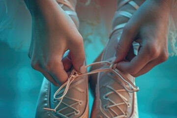 Poster - A close-up shot of a person tying a pair of shoes. Perfect for illustrating the act of getting ready or preparing for a physical activity