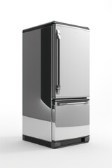 Aufkleber - A silver refrigerator freezer placed on top of a clean white floor. Perfect for showcasing modern kitchen appliances.