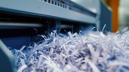 Poster - A detailed view of a machine cutting shredded paper. This image can be used to showcase document security, data protection, or office organization