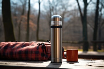 Poster - Stainless steel thermos bottle placed on a picnic table. Suitable for outdoor activities and camping