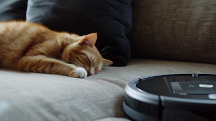 Aufkleber - Cat peacefully sleeping next to a robotic vacuum on a cozy couch. Ideal for home cleaning and pet care concepts