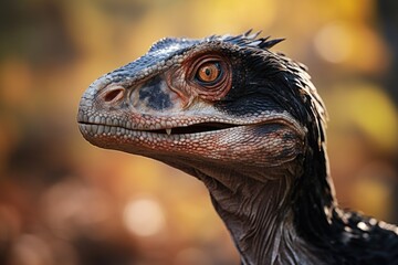 Poster - A close-up view of a dinosaur's head with a blurry background. This image can be used to depict prehistoric creatures, natural history, or educational materials