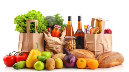 Poster - Bags filled with a variety of different types of food. Suitable for grocery shopping or food-related concepts