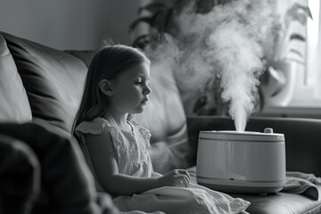 Poster - A little girl is sitting on a couch next to a humidifier. This image can be used to depict a cozy home environment or to illustrate the importance of maintaining proper humidity levels