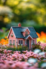 Poster - A charming miniature house surrounded by a vibrant garden of colorful flowers. Perfect for adding a touch of whimsy to any project or design
