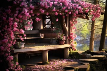 Poster - Gazebo covered in pink flowers next to a forest. Perfect for garden and nature-themed designs