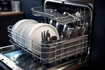Poster - A dishwasher filled with dishes and utensils. Ideal for kitchen and household-related projects