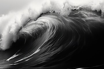 Poster - A black and white photo capturing the power and beauty of a large wave. Perfect for adding a dramatic touch to any project