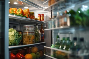 Poster - A refrigerator filled with a variety of food and drinks. Perfect for showcasing a well-stocked kitchen. Ideal for food-related projects or advertisements
