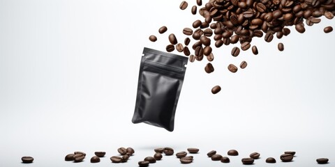 Poster - A bag of coffee beans falling into a pile of coffee beans. Perfect for coffee lovers and coffee shop promotions