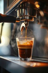 Poster - A cup of coffee being poured into a glass. Perfect for coffee lovers or coffee shop advertisements