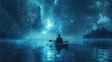 Solo Explorer In A Kayak Navigates The Still Waters Of A Bioluminescent Lagoon Under A Starry Sky. The Paddles Stir The Glowing Organisms, Creating A Trail Of Light In The Dark Water