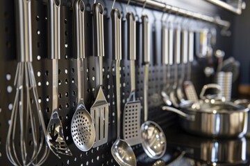 Poster - A collection of kitchen utensils hanging on a wall. Can be used to add a rustic touch to kitchen decor