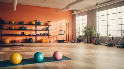 Poster - A gym room filled with a variety of exercise balls. This versatile image can be used to showcase fitness, exercise routines, gym equipment, and more