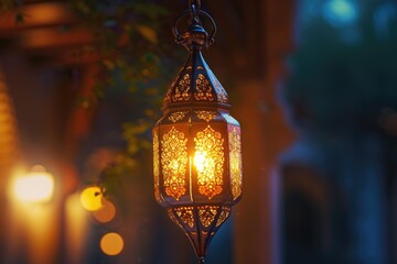 Aufkleber - A lantern hanging from a tree at night. Perfect for creating a cozy and enchanting atmosphere. Ideal for outdoor events, garden parties, or adding a touch of magic to any setting