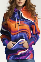 Poster - A woman wearing a vibrant hoodie strikes a pose for a photograph. This versatile image can be used for various purposes