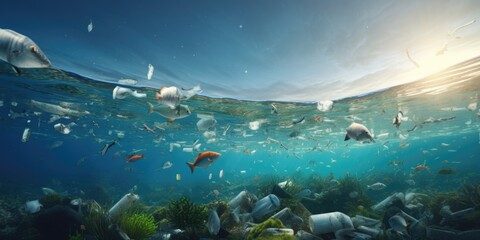 Poster - A picture depicting a large amount of trash floating in the ocean. This image can be used to raise awareness about the issue of ocean pollution and the importance of protecting our marine ecosystems