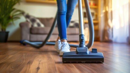 Poster - Woman using a vacuum cleaner to clean a wooden floor. Suitable for household cleaning or cleaning products concept
