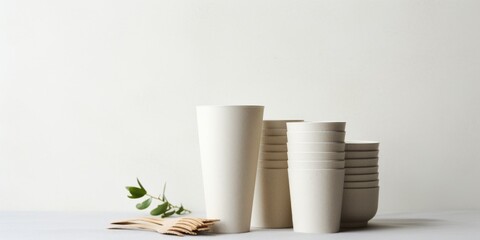 Aufkleber - A bunch of white cups sitting on top of a table. Perfect for home decor or restaurant themes