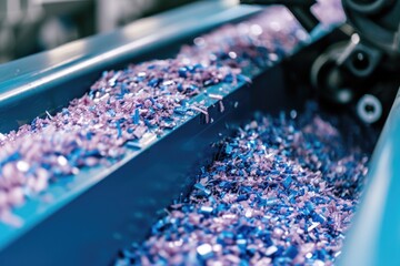 Poster - A vibrant display of purple and blue confetti cascading down a conveyor belt. Perfect for adding a festive touch to any celebration or event