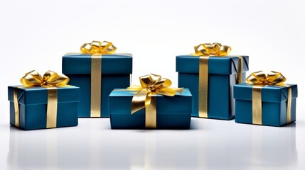 Aufkleber - 5 blue gifts wrapped with golden ribbon on a white isolated background Generative AI