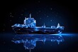 Cargo ship with glowing lines on dark blue background. 3D illustration. Cargo Ship. Cargo ship polygonal illustration on dark blue background with copyspace. Logistics and transportation concept.