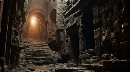 Poster - Stone stairway leading to a bright light at the end of a tunnel. Ideal for depicting hope, new beginnings, and overcoming challenges