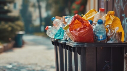 Poster - Trash can filled with plastic bottles and plastic bags. Suitable for environmental and waste management concepts