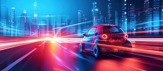 Wall Mural - Fast speed electric car silhouette on city highway neon glowing modern style. AI generated image