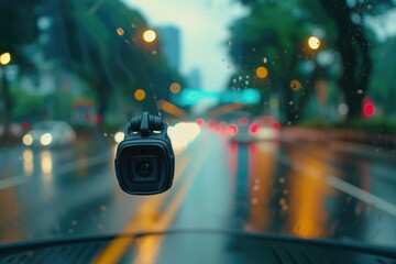 Poster - A car dashboard with a dash camera attached. Perfect for capturing footage while driving