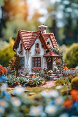 Poster - A charming miniature house nestled in the center of a beautifully manicured garden. Ideal for illustrating concepts of home, tranquility, and nature.