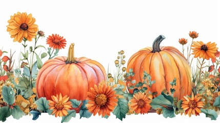 Poster - A vibrant watercolor painting featuring pumpkins and sunflowers. Perfect for autumn-themed designs and decorations
