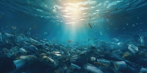 Aufkleber - Trash floating in the ocean, a disturbing image that highlights the environmental issue of pollution.