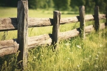 Poster - A wooden fence stands in a picturesque grassy field, with a backdrop of tall trees. This image can be used to depict a serene rural landscape or to symbolize boundaries and protection
