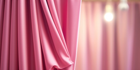 Poster - A close-up view of a pink curtain in a room. This picture can be used to depict interior design or home decor themes