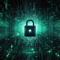 Wall Mural - A lock on a circuit board surrounded by green lights. This image can be used to represent security, technology, encryption, or data protection