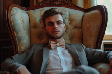Poster - A man is pictured sitting in a chair, wearing a stylish bow tie. This image can be used for various purposes
