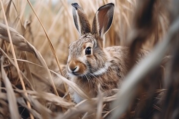 Poster - A rabbit calmly sitting in a field of tall grass. Suitable for nature and animal-related projects