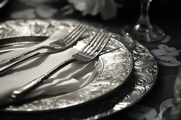 Aufkleber - A silver plate with a fork and knife, perfect for showcasing elegant dining or restaurant concepts