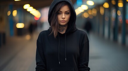 Poster - A woman wearing a black hoodie standing in a hallway. This image can be used to portray mystery or anticipation in various projects
