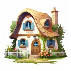 Poster - A charming fairytale cottage with a thatched roof and a white picket fence. Generative AI