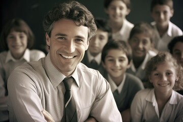 Wall Mural - A man wearing a tie standing in front of a group of children. Suitable for business presentations or educational materials