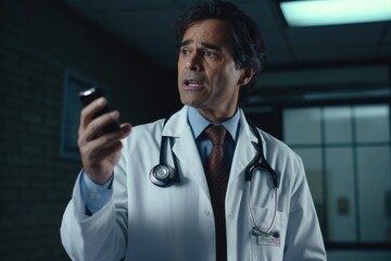 Aufkleber - A man dressed in a lab coat is holding a cell phone. This image can be used to represent technology, communication, or scientific research