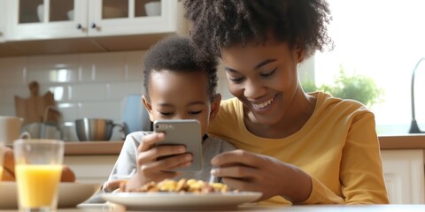 Poster - A woman and child are seen looking at a cell phone. This image can be used to illustrate technology usage, family bonding, or digital communication.