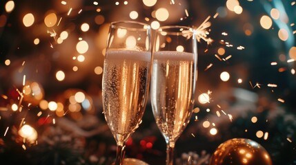 Poster - Two glasses of champagne with sparklers in the background. Perfect for celebrations and special occasions